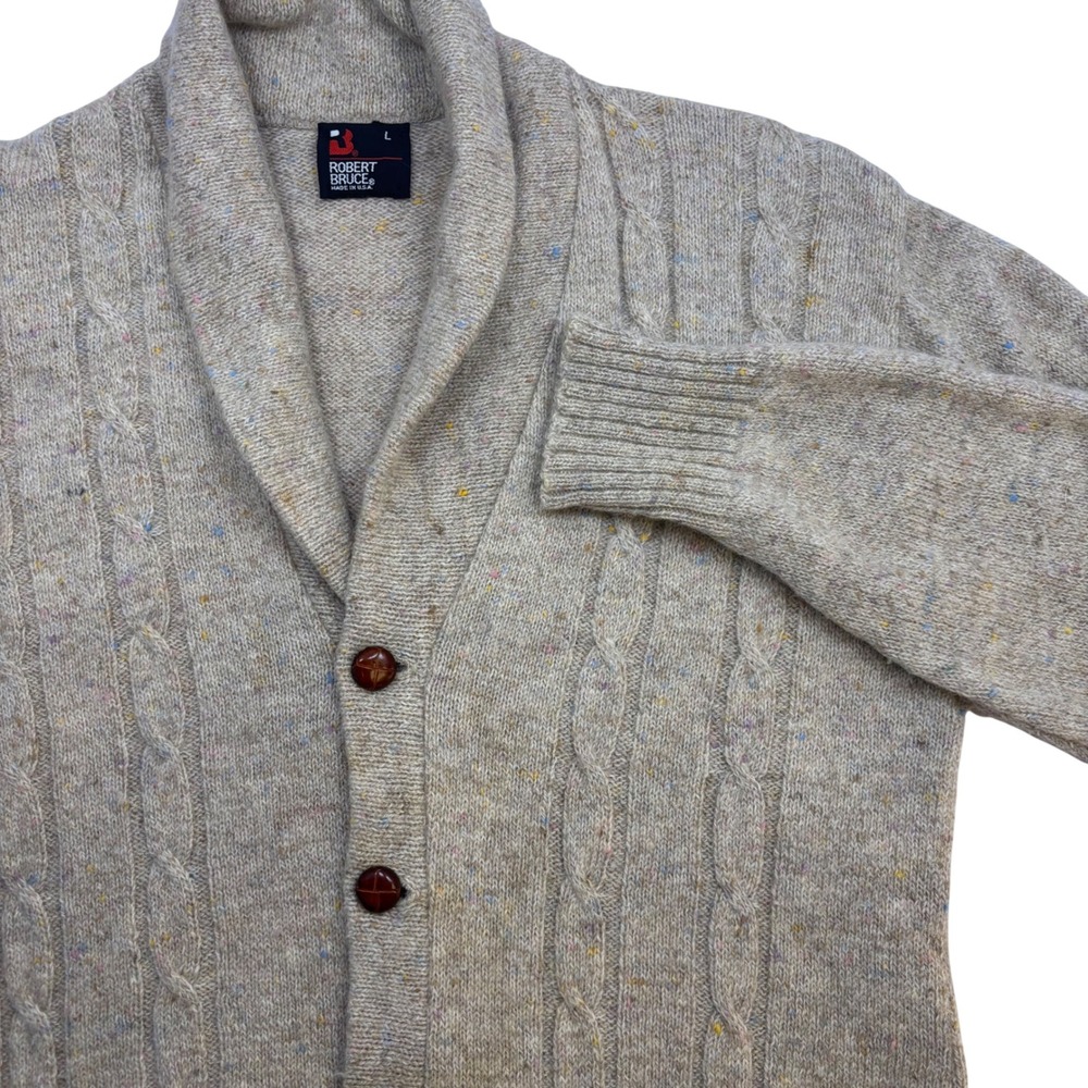 Robert Bruce Vintage Mens Large Shawl Collar Cable Knit Cardigan Sweater Tan USA - Picture 1 of 11
